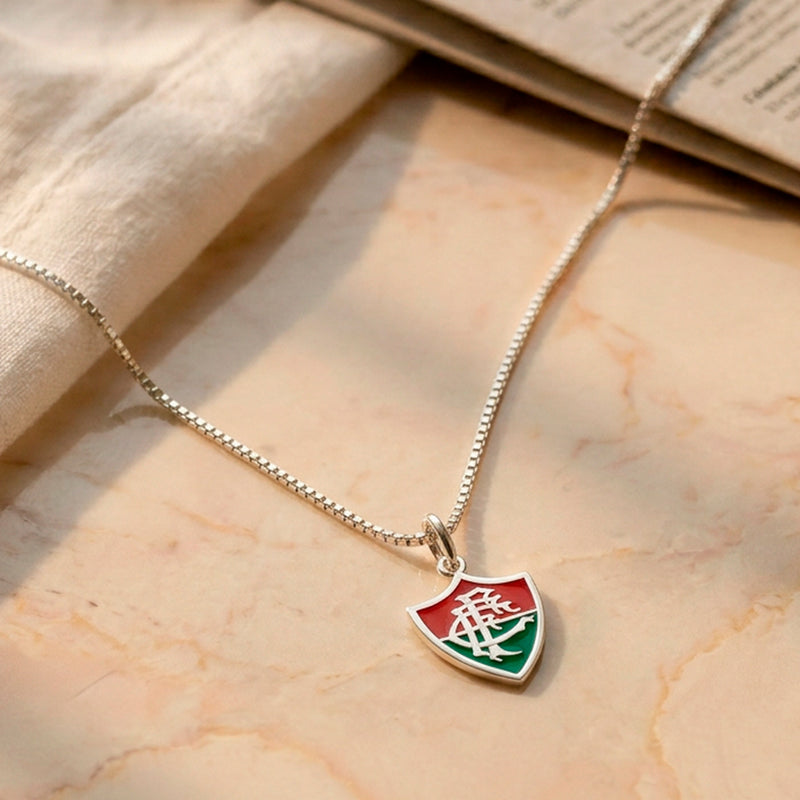 Pingente Fluminense Escudo em Prata 925 Esmaltado + Cordão